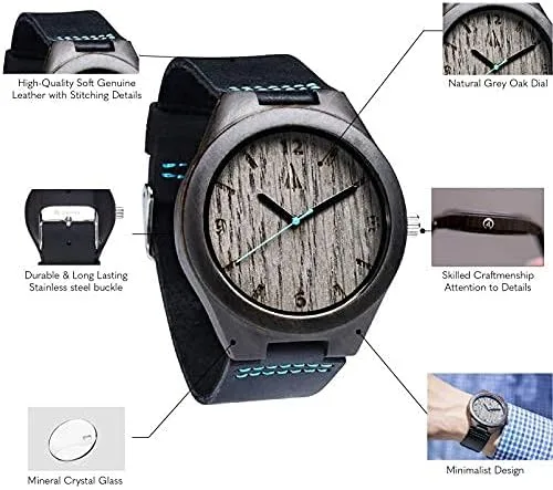 Vista 3 de Treehut - Reloj de pulsera analógico para hombres, de madera con correa de piel auténtica, estilo elegante.