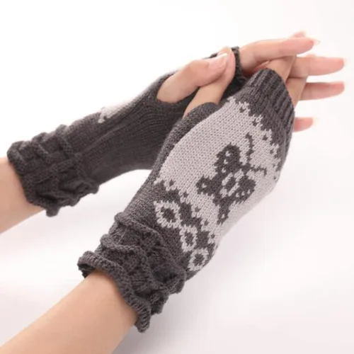 Vista 6 de Guantes elásticos de punto con diseño de mariposa para otoño e invierno para el pulgar hasta la muñeca gris oscuro