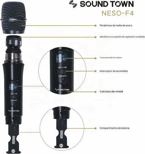 Vista 4 de Sound Town Sistema de micrófono inalámbrico UHF profesional de 4 canales con receptor de metal montado en estante y 4 micrófonos de mano