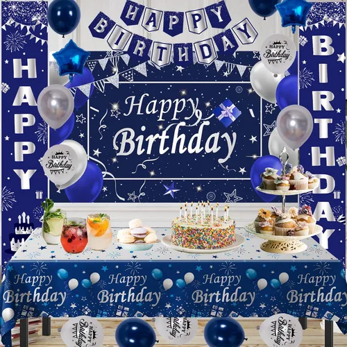 Vista 3 de Decoraciones de cumpleaños azules y plateadas, decoraciones de fiesta de cumpleaños para hombres, niños, mujeres y niñas, con pancarta de feliz