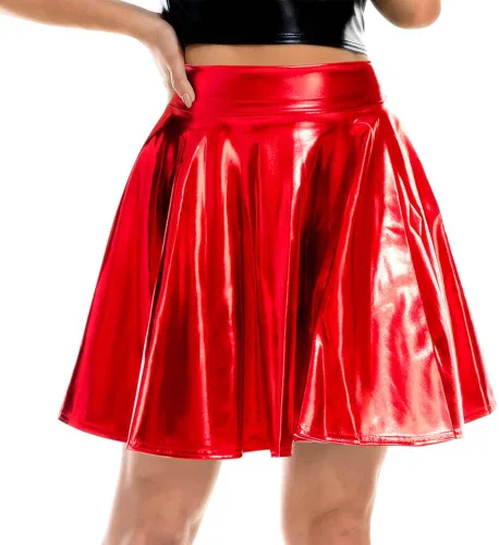 Vista 3 de eccbox Minifalda metálica brillante para mujer, diseño de discoteca de moda, acampanada, plisada y acampanada