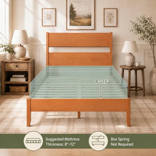 Vista 8 de KOMFOTT Twin Size Rubber Wood Bed Frame with Tall Headboard, Caramel Brown