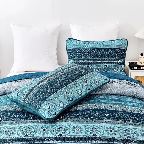 Vista 5 de WONGS BEDDING Juego de edredón bohemio tamaño individual, juego de ropa de cama azul bohemio individual, colcha de microfibra ligera con funda