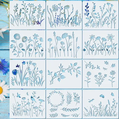 Vista 7 de Marspark 20 plantillas de flores silvestres reutilizables para plantilla de pintura, plantillas de pared de flores para primavera, plantillas PET