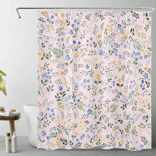 Vista 13 de LB Cortina de Ducha Decorativa de Flores Silvestres del Campo, Flores Azules y Amarillas con Planta de Hojas Verdes sobre Beige, Cortina de Ducha
