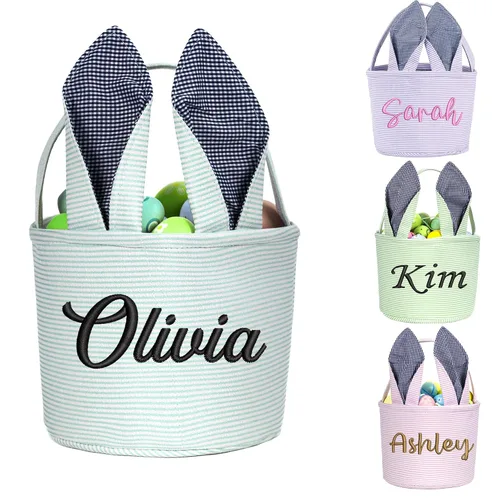 Vista 10 de Cesta de Pascua personalizada, cubos de Pascua con orejas de conejito de peluche personalizados para niños, huevos, caza, fiesta de Pascua, bolsa