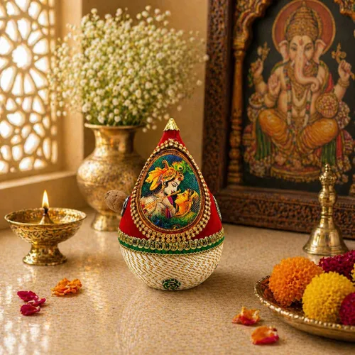 Vista 7 de LOVENSPIRE Shriphal Mangal Kalash Coco decorado para boda Shagun Decorativo Nariyal Mangal Nariyal Kalash Set Boda Pooja Nariyal Decorado Nariyal