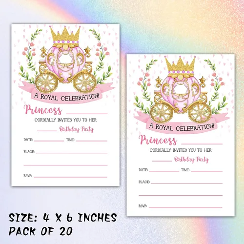Vista 2 de Invitaciones de cumpleaños de princesa con sobres, tarjeta de invitación de fiesta real para niñas, tarjetas de invitaciones rosadas y doradas
