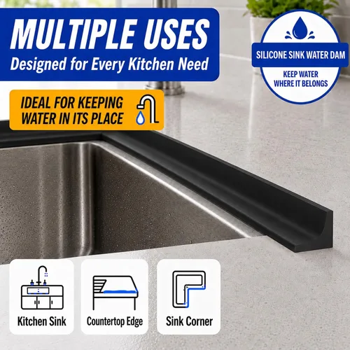 Vista 3 de Protector contra salpicaduras para fregadero de cocina y barrera de agua para bañera, 39 pulgadas, color negro Flexible self-adhesive water dam