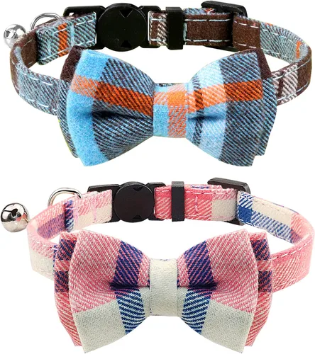 Vista 12 de Collar Joytale con corbatín y campana, lindos patrones de cuadros, 1 o 2 unidades de collares de seguridad para gato, Negro