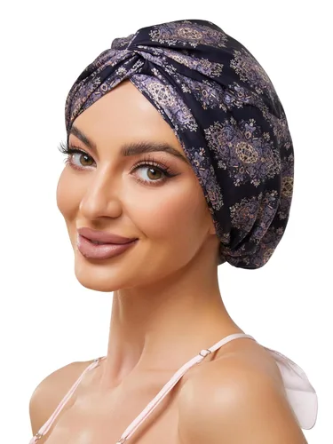 Vista 13 de Gorro de satén de seda ajustable para envolver el cabello para dormir, gorro de dormir de doble capa, turbante nocturno para cabello largo y rizado