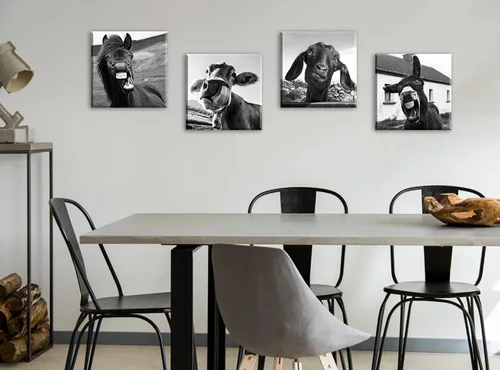 Vista 5 de Arte de pared en blanco y negro para pared, diseño de animales, caballos, burros, ovejas, vacas, cuadros divertidos para decoración de dormitorio