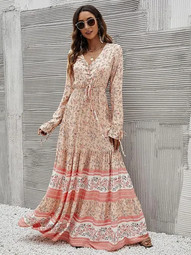 Vista 3 de Floerns Vestido largo de manga larga con cuello en V y estampado floral para mujer