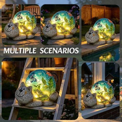 Vista 4 de Afirst Estatuas solares de jardín para exteriores, adorno de césped de gato con luces solares de vidrio agrietado, decoración al aire libre