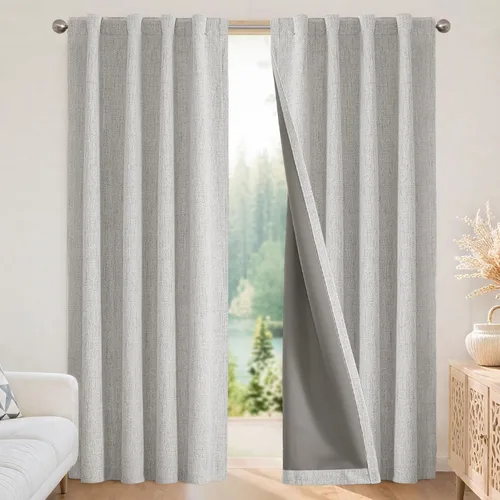 Vista 14 de Joydeco - Cortinas 100% opacas, 2 paneles de lino natural para oscurecer habitación, aislamiento térmico, trabillas traseras y bolsillo para barra