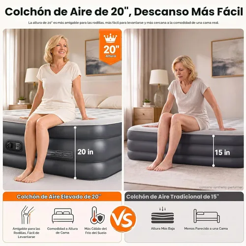 Vista 2 de OlarHike Colchón de aire Queen bomba incorporada, colchón inflable de 20 Comfort Height 20" Gris