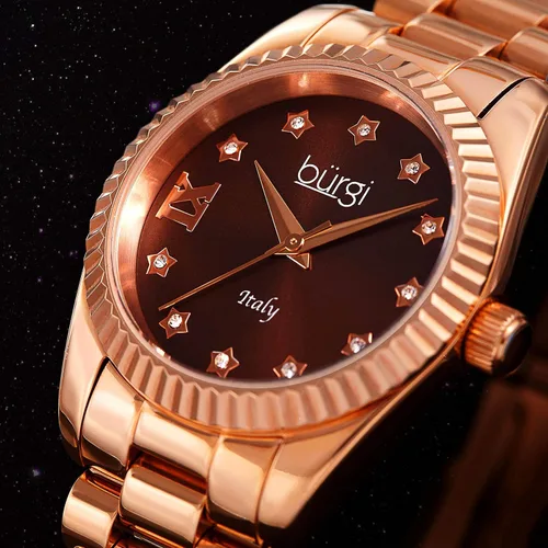 Vista 9 de Burgi Designer Acero Inoxidable Reloj de Mujer - Cadena Enlace Pulsera Correa, Moneda Edge Estilo Bisel, Esfera de Sunburst con Forma de Estrella