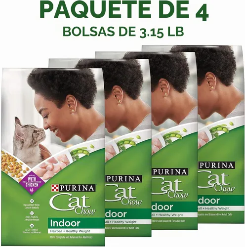 Vista 3 de Purina Cat Chow Comida seca para gatos de interior con peso saludable y control de bolas de pelo con pollo - (Paquete de 4) Bolsas de 3.15 lb