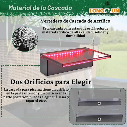 Vista 5 de Fuente de piscina al aire libre LONGRUN con control de aplicación, desagüe de cascada, luz LED multicolor, kit de fuentes de cascada de agua Gris