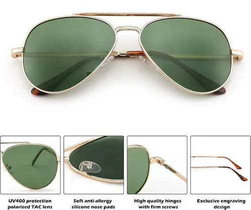 Vista 5 de FEISEDY Gafas de sol polarizadas clásicas de aviador para mujeres y hombres, retro de moda, doble puente de metal, montura de piloto, B9113