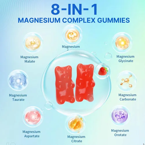Vista 3 de Gomitas de complejo de magnesio para mujeres y hombres 8 en 1, glicinato de magnesio, citrato, malato, taurato, apoya los huesos, los músculos