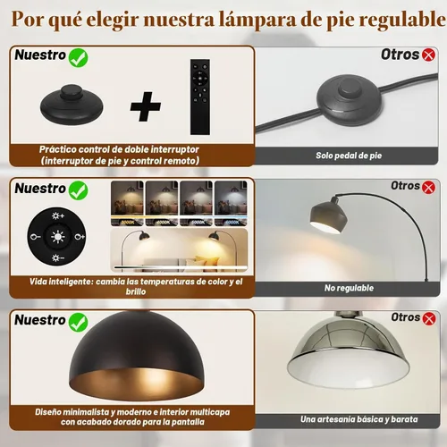 Vista 6 de Lámparas de pie de arco de bronce para sala de estar regulables – Lámpara de arco LED de 9W mejorada con 4 temperaturas de color, lámpara de pie