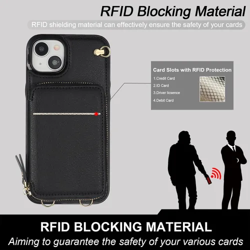 Vista 4 de Bocasal Funda tipo cartera cruzada para iPhone 15 Plus, funda de piel con bloqueo RFID y soporte para tarjetas, funda protectora con cremallera