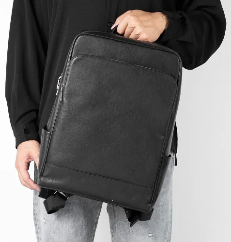 Vista 6 de Mochila para portátil de cuero genuino de 15.6 pulgadas para hombres y mujeres, mochila de viaje de negocios, mochila de senderismo (1#negro)