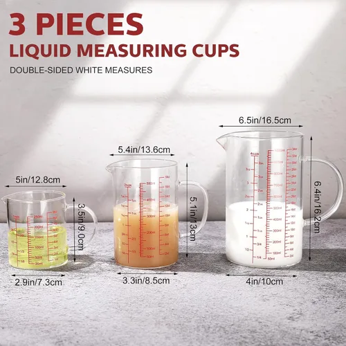 Vista 4 de Lallisa Juego de 3 tazas medidoras de vidrio de borosilicato alto con asa en forma de V, 4, 2, 1 taza y 3 escalas (onzas, taza, ml), para cocina