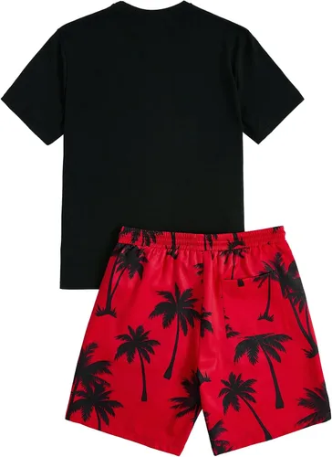 Vista 25 de GORGLITTER Conjunto de 2 piezas de camiseta gráfica de manga corta para hombre, estampado hawaiano con cordón y pantalones cortos