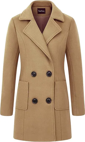 Vista 2 de Chouyatou - Elegante abrigo con cuello de solapa y abotonadura doble para mujer, de mezcla de lana