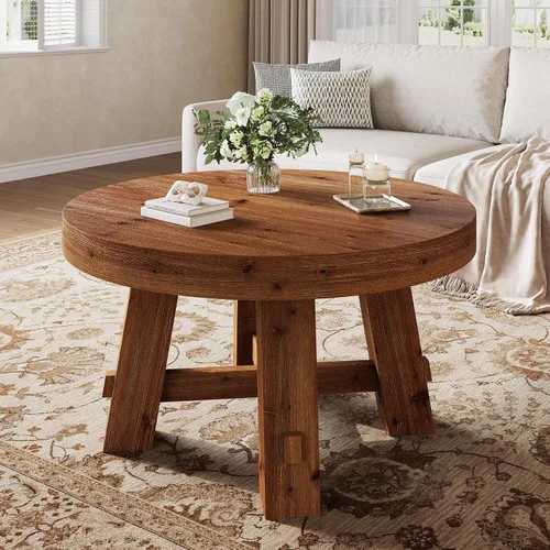 Vista 4 de Mesa auxiliar redonda de 31.5 pulgadas, mesa central de madera maciza con mesa gruesa (marrón claro)