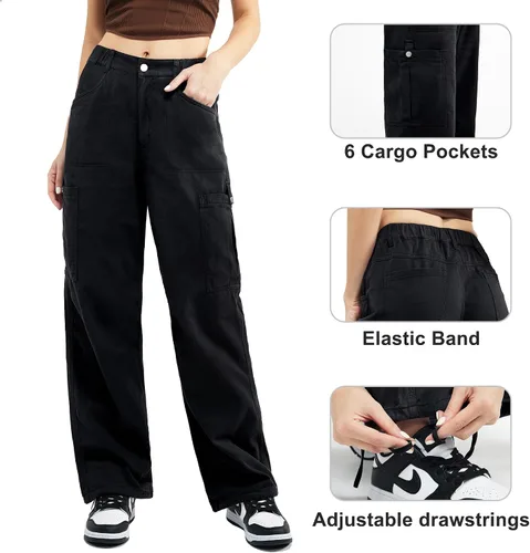 Vista 4 de Pantalones cargo de algodón para mujer, pierna ancha, casual, senderismo, militar, combate, trabajo, con 8 bolsillos