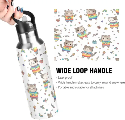 Vista 4 de Cute Cartoon Cats Rainbow Insulated Stainless Steel Water Bottle with Straw 20 Oz, BPA-Free Sports Water Bottle with Straw Leakproof Water Bottles