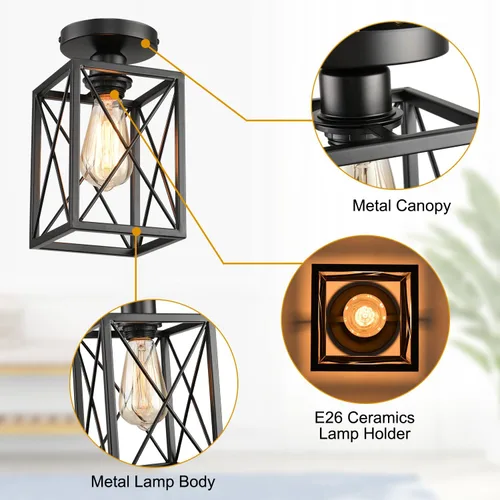 Vista 5 de Lámparas de techo de montaje empotrado, accesorios de iluminación de pasillo negros para techo, rústicas, de granja, con marco de metal negro