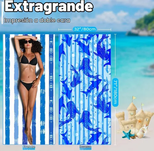 Vista 3 de Widdonen Toalla de playa de microfibra, compacta, paquete de 2 unidades, 71 x 32 pulgadas con bolsa de viaje Paquete de 2 Blue Peank Dream World