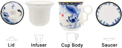 Vista 2 de Taza de té de porcelana con tapa de infusor y juegos de platillos Taza de café de cerámica china Jingdezhen Taza de té de hoja suelta Sistema