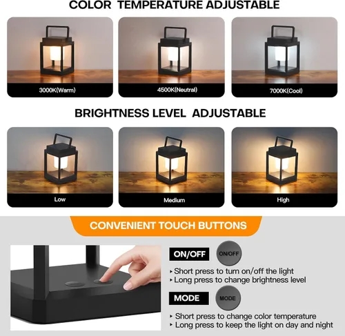 Vista 3 de Lámpara de mesa para exteriores con control táctil, impermeable, linterna de mesa LED para exteriores, 3000 K, 4500 K, 7000 K, temperatura