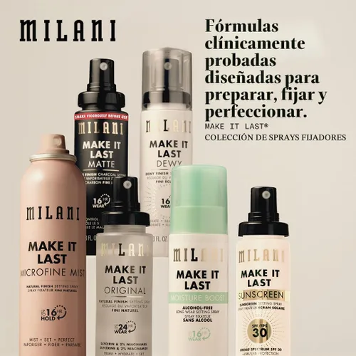 Vista 9 de Milani Make It Last Dewy - Spray fijador para maquillaje, acabado húmedo 3 en 1. Prima, fija e hidrata. Hasta 16 horas de uso. Formulado con una