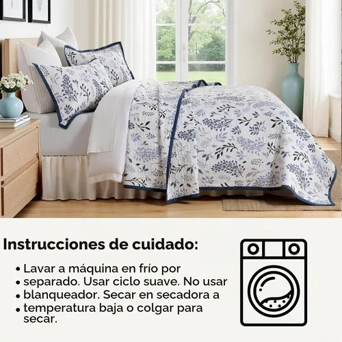 Vista 7 de Juego de edredón botánico tamaño Queen 100% algodón, 3 piezas azul/blanco
