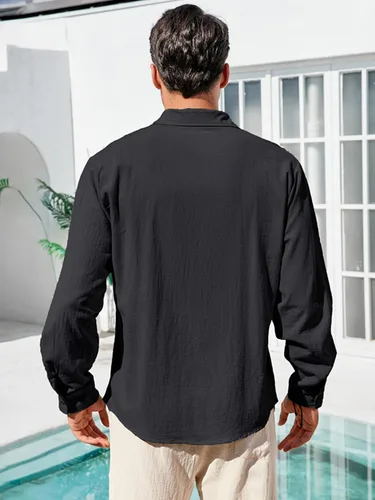 Vista 5 de Camisa de algodón y lino para hombre, con botones, color sólido, para verano, casual, playa, hawaiana