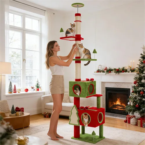 Vista 13 de PEQULTI Árbol para gatos de piso a techo, torre alta para gatos, altura ajustable (83-108 pulgadas), 5 niveles de árbol trepador para gatos