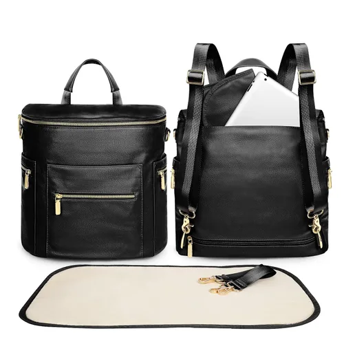 Vista 2 de miss fong Bolsa de pañales Mochila para pañales de bebé, bolsa de pañales de cuero grande Mochila y bolsa cruzada