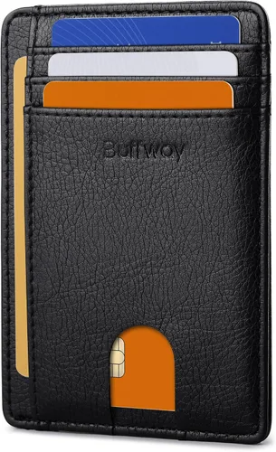 Vista 34 de Buffway - Carteras de cuero delgadas minimalistas con bolsillo frontal y bloqueo RFID para hombres y mujeres, negro (Alaska Black), Minimalista