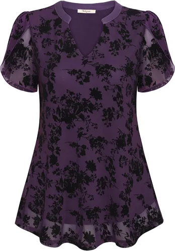 Vista 4 de Bebonnie Blusas de verano con volantes de manga corta para mujer, blusas elegantes florales