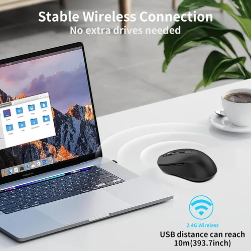 Vista 4 de Mouse inalámbrico para laptop, PC, Chromebook, Mac, MacBook, mouse inalámbrico silencioso con receptor USB nano, botón lateral, 2400 DPI, rodillo
