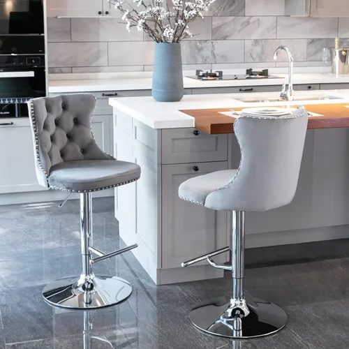 Vista 14 de Polibi Taburetes de bar giratorios, 2 piezas, altura del asiento ajustable de 25 a 33 pulgadas, sillas de bar tapizadas modernas con botón copetudo