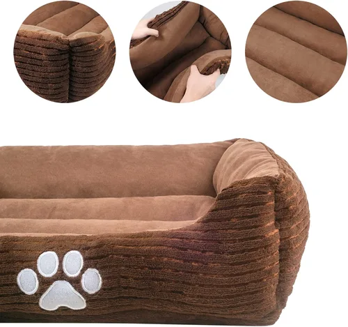 Vista 6 de Happycare Textiles - Cama para perro rectangular larga para mascotas con bordado de huella de perro, tamaño mediano, Coffee