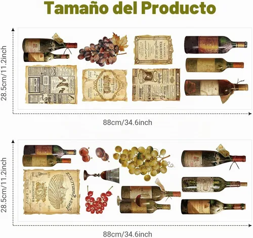 Vista 2 de Censen 2 hojas de calcomanías de pared de vino, calcomanías de arte para despegar y pegar, botella de vino, vidrio, cocina, uva, fruta, calcomanías