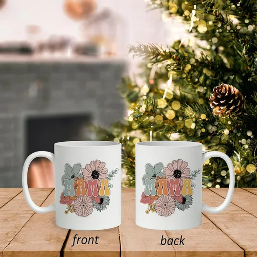 Vista 2 de DOTAIN Taza de café de cerámica con diseño de flores bohemias (11 onzas), doble cara impresa, colorida taza de cerámica floral para mamá, regalo